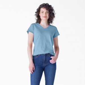 Women's Dickies Short Sleeve V-Neck T-Shirt Blue | 012958DGY