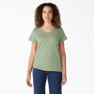 Women's Dickies Short Sleeve V-Neck T-Shirt Green | 259136RBF