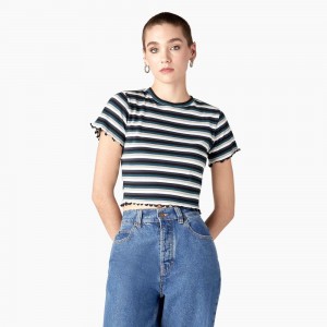 Women's Dickies Striped Cropped Baby T-Shirt Black | 143659URW