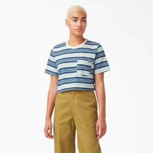 Women's Dickies Striped Cropped Pocket T-Shirt Blue | 724106XHB