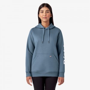 Women's Dickies Water Repellent Sleeve Logo Hoodie Blue | 681703VDG