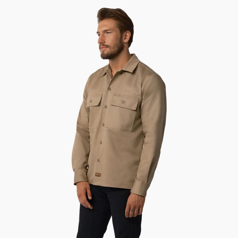 Men's Dickies 1922 Premium Twill Long Sleeve Shirt Brown | 047835CNE