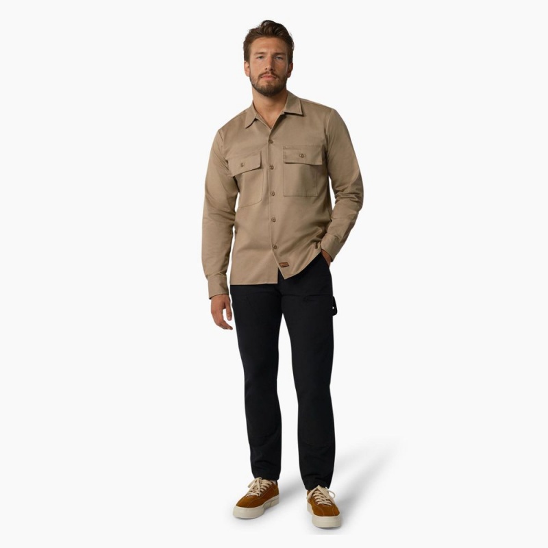 Men's Dickies 1922 Premium Twill Long Sleeve Shirt Brown | 047835CNE