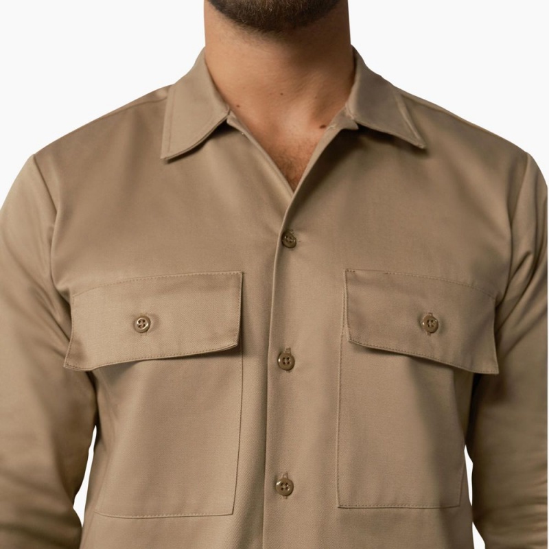 Men's Dickies 1922 Premium Twill Long Sleeve Shirt Brown | 047835CNE