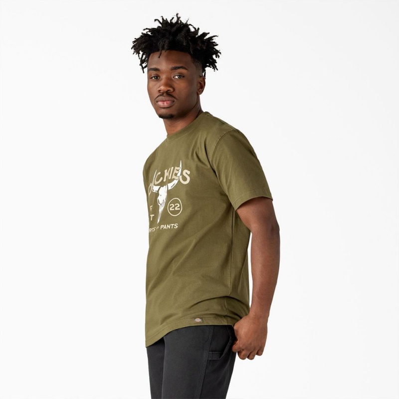 Men's Dickies Bull Skull Heavyweight T-Shirt Green | 401859QZB