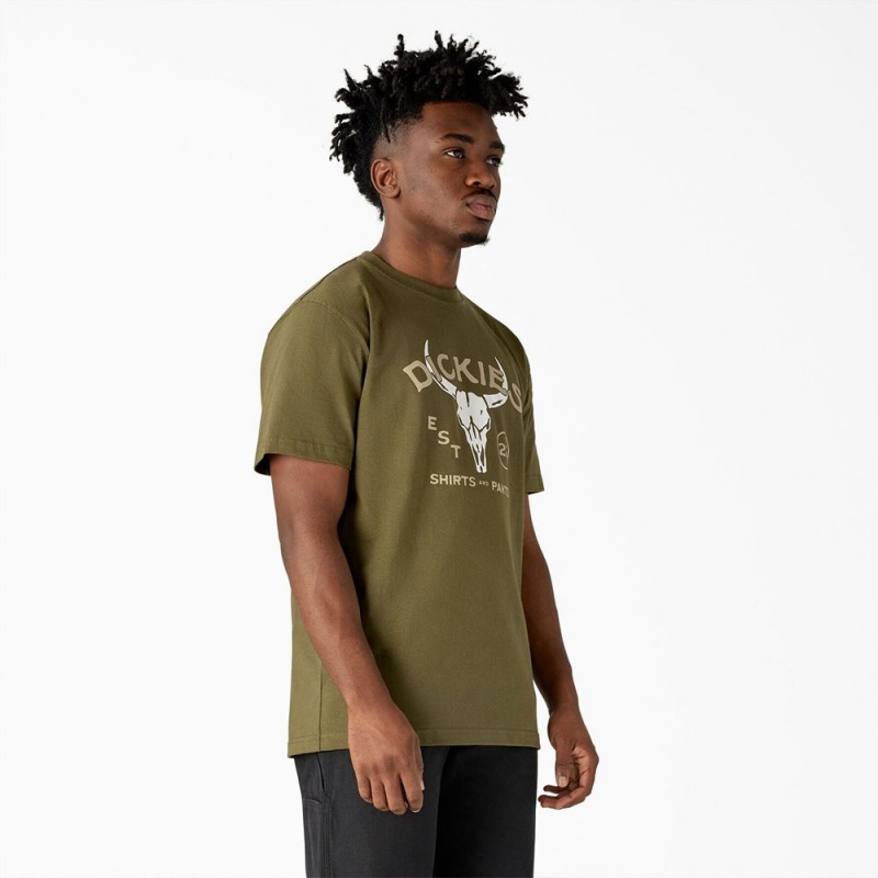 Men's Dickies Bull Skull Heavyweight T-Shirt Green | 401859QZB