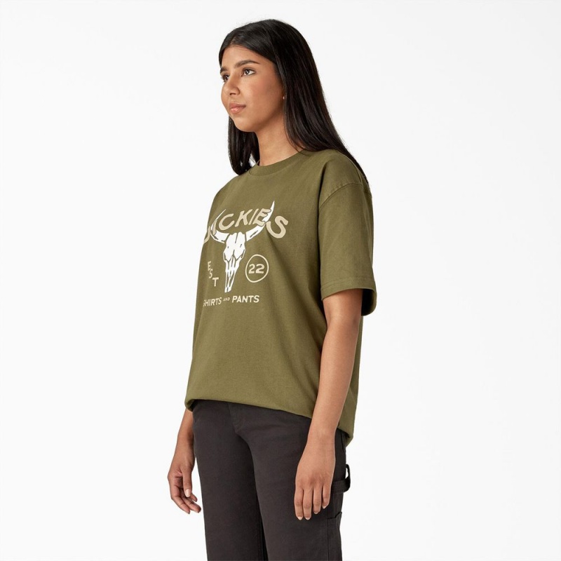 Men's Dickies Bull Skull Heavyweight T-Shirt Green | 401859QZB