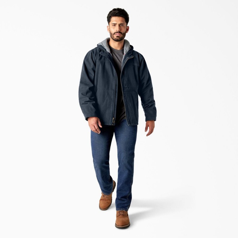 Men's Dickies Duck Canvas High Pile Fleece Lined Jacket Navy | 706413UPK