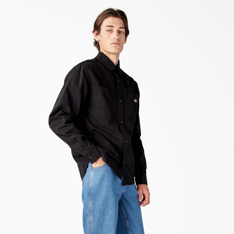 Men's Dickies Duck Canvas Long Sleeve Utility Shirt Black | 614872MCK