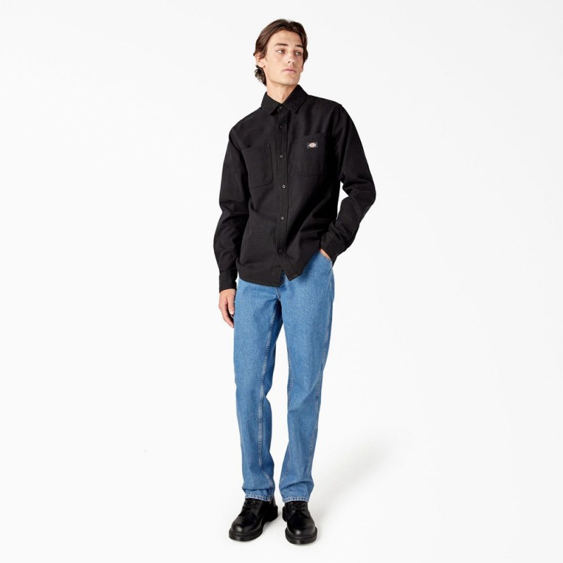 Men's Dickies Duck Canvas Long Sleeve Utility Shirt Black | 614872MCK