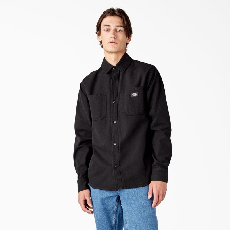 Men\'s Dickies Duck Canvas Long Sleeve Utility Shirt Black | 614872MCK