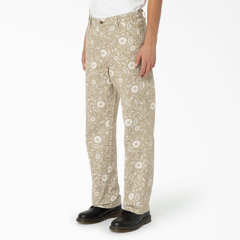 Men's Dickies Ellis Floral Print Duck Canvas Pants Khaki | 764918EZN