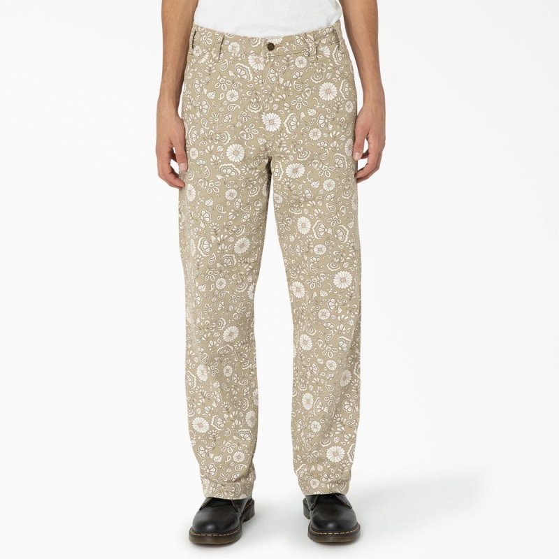 Men\'s Dickies Ellis Floral Print Duck Canvas Pants Khaki | 764918EZN