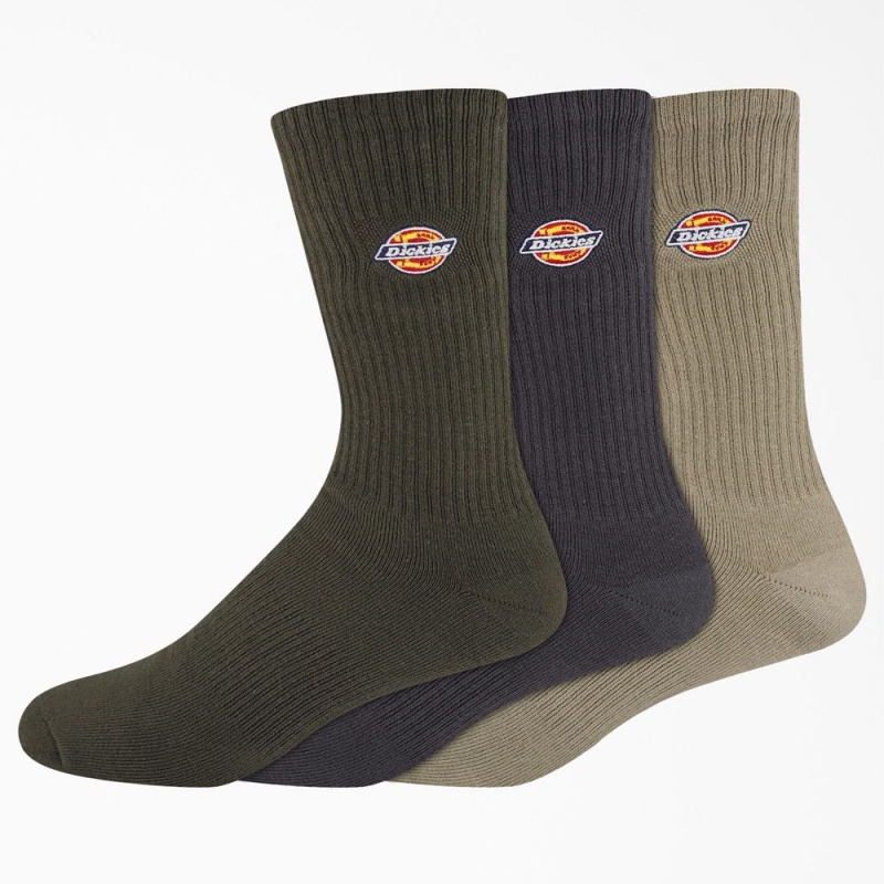 Men\'s Dickies Embroidered Crew 3-Pack Socks Olive | 691738YHU