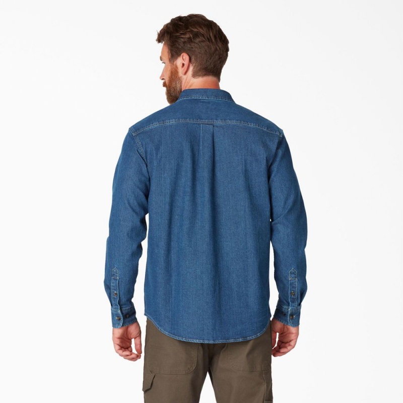 Men's Dickies FLEX Denim Long Sleeve Shirt Blue | 269870IEG