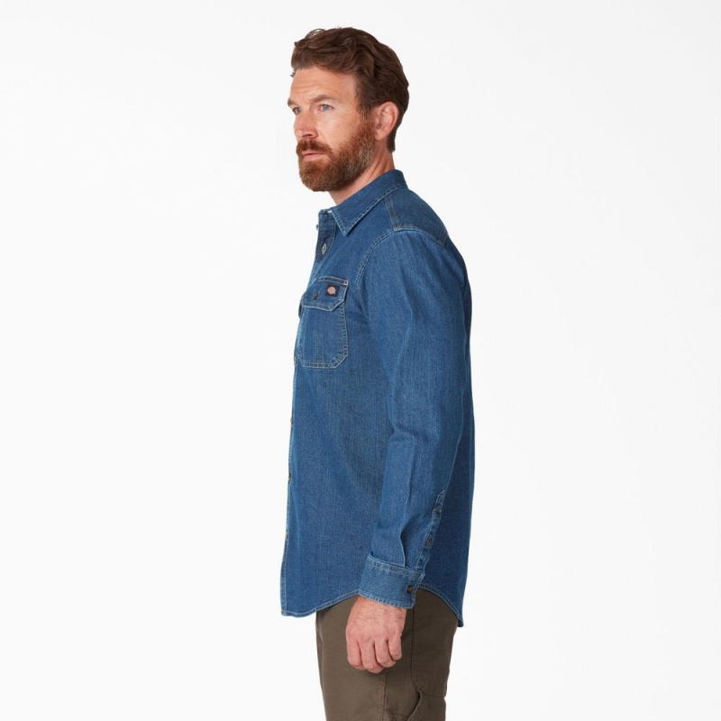 Men's Dickies FLEX Denim Long Sleeve Shirt Blue | 269870IEG