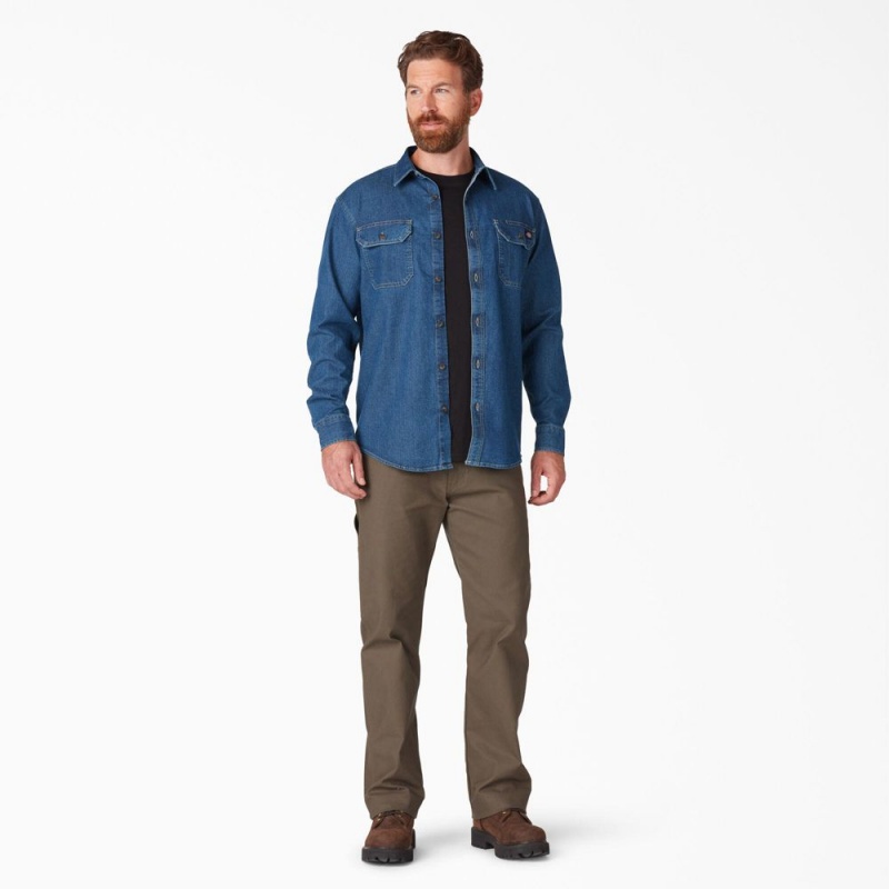 Men's Dickies FLEX Denim Long Sleeve Shirt Blue | 269870IEG