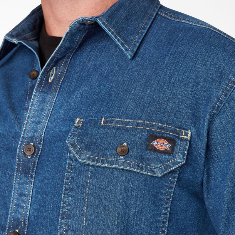 Men's Dickies FLEX Denim Long Sleeve Shirt Blue | 269870IEG