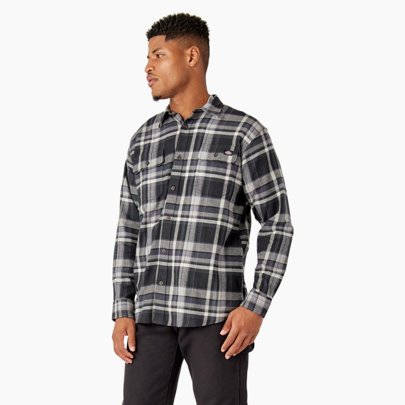 Men's Dickies FLEX Long Sleeve Flannel Shirt Black | 516820HJY