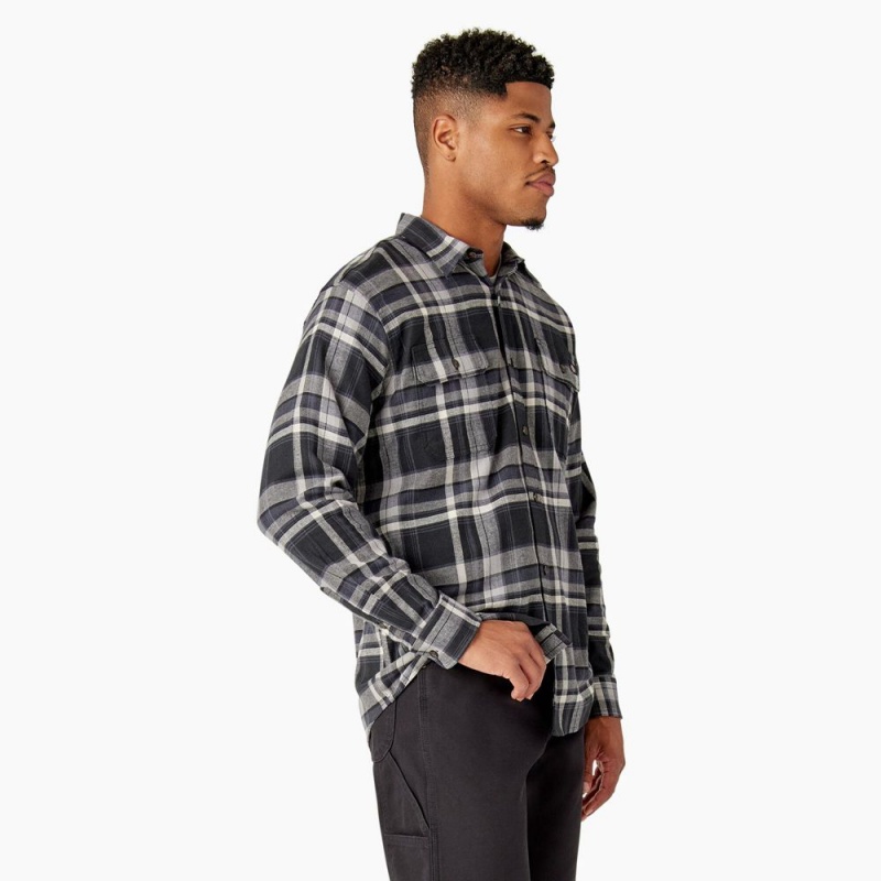 Men's Dickies FLEX Long Sleeve Flannel Shirt Black | 516820HJY