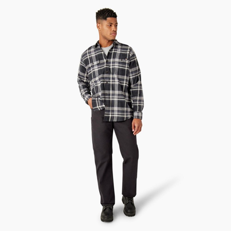 Men's Dickies FLEX Long Sleeve Flannel Shirt Black | 516820HJY