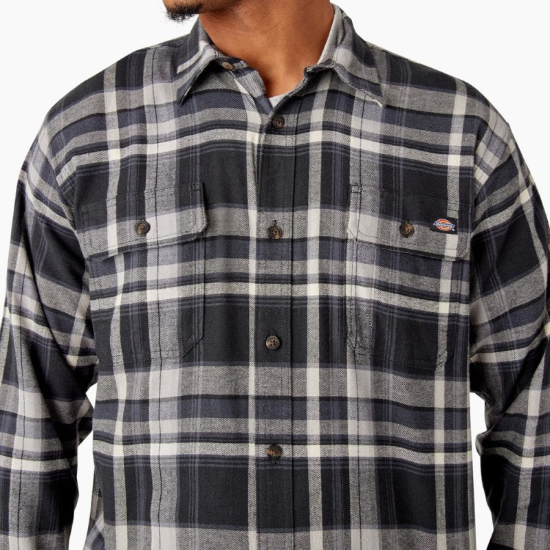 Men's Dickies FLEX Long Sleeve Flannel Shirt Black | 516820HJY