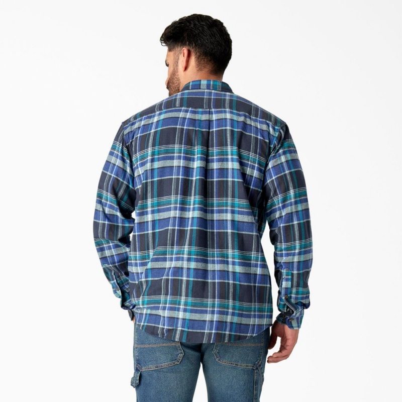 Men's Dickies FLEX Long Sleeve Flannel Shirt Blue | 539124PRT