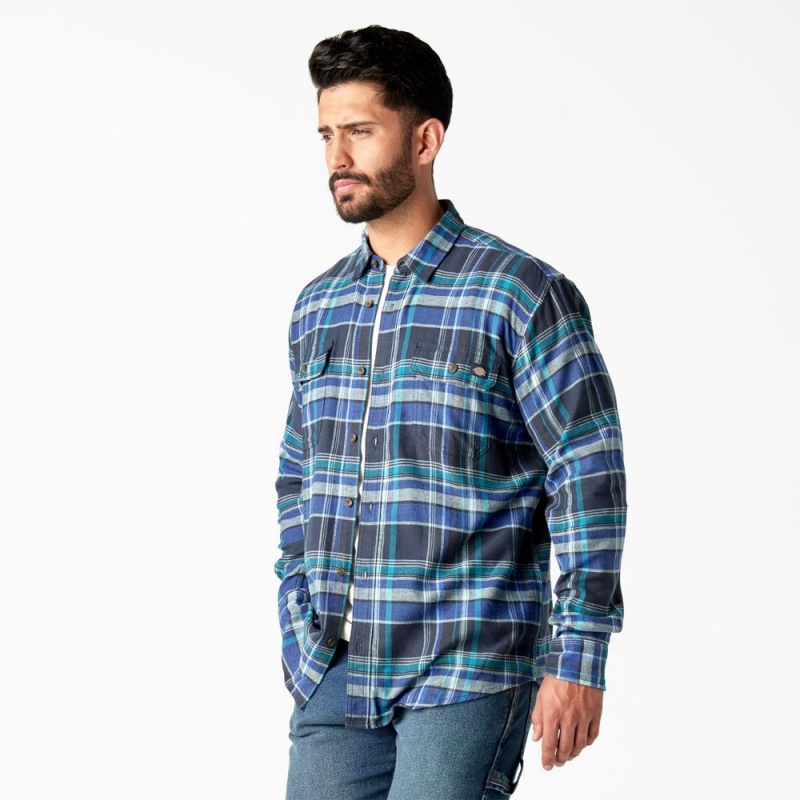 Men's Dickies FLEX Long Sleeve Flannel Shirt Blue | 539124PRT