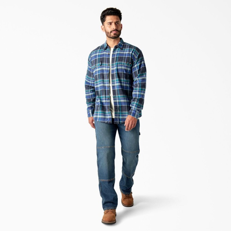 Men's Dickies FLEX Long Sleeve Flannel Shirt Blue | 539124PRT