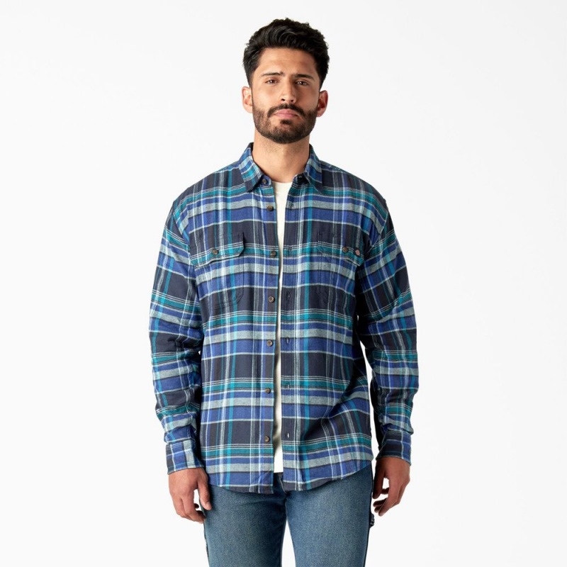 Men\'s Dickies FLEX Long Sleeve Flannel Shirt Blue | 539124PRT