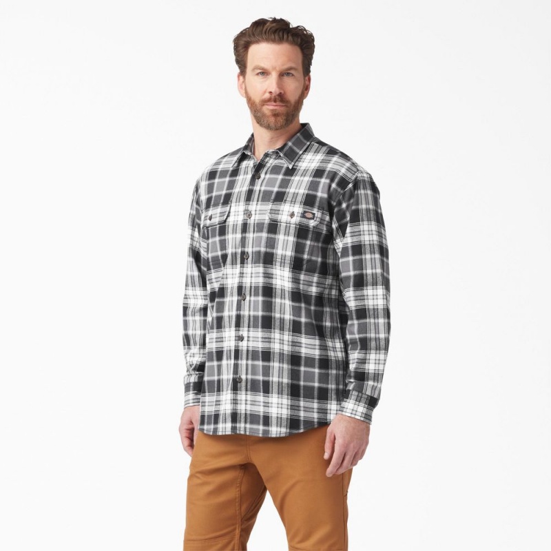 Men\'s Dickies FLEX Long Sleeve Flannel Shirt Black | 036245WKY