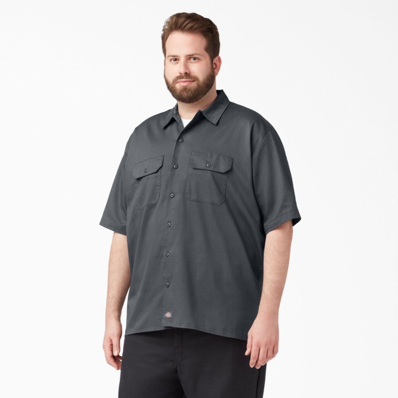 Men's Dickies FLEX Relaxed Fit Short Sleeve Work Shirts Grey | 108249ARO