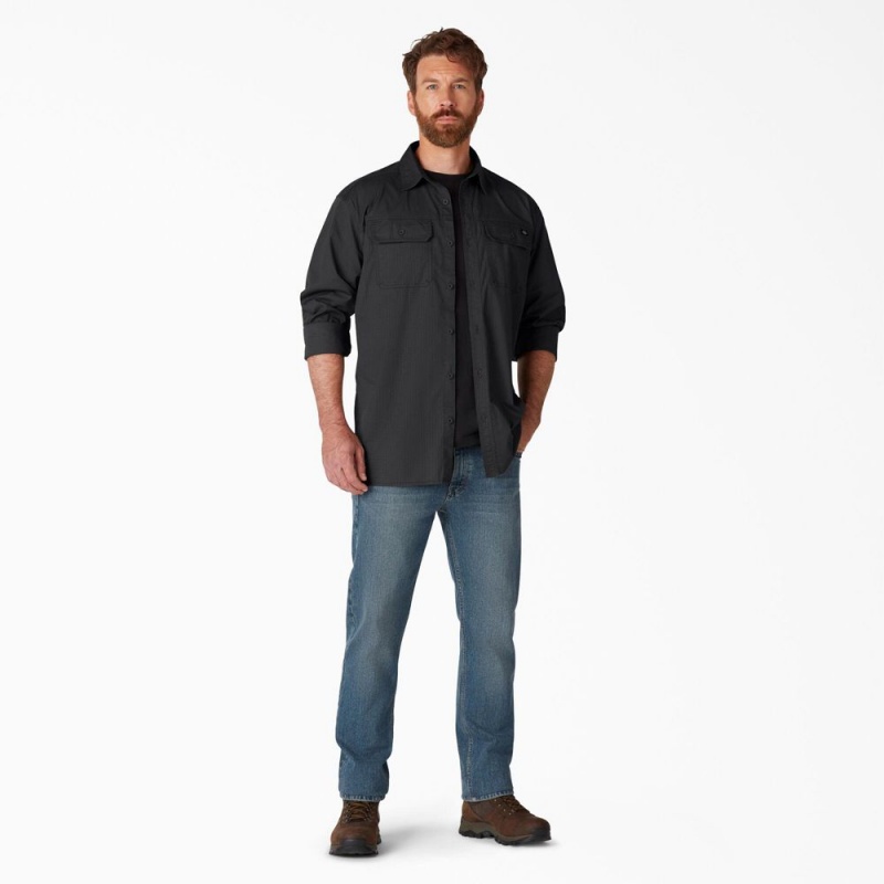 Men's Dickies FLEX Ripstop Long Sleeve Shirt Black | 062397NSC