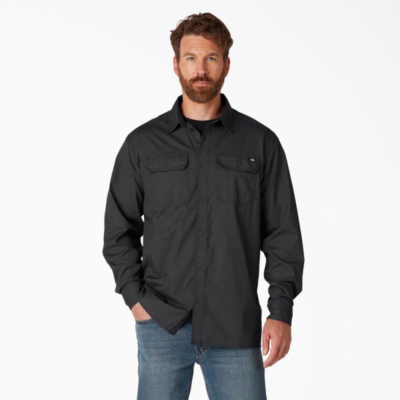 Men\'s Dickies FLEX Ripstop Long Sleeve Shirt Black | 062397NSC