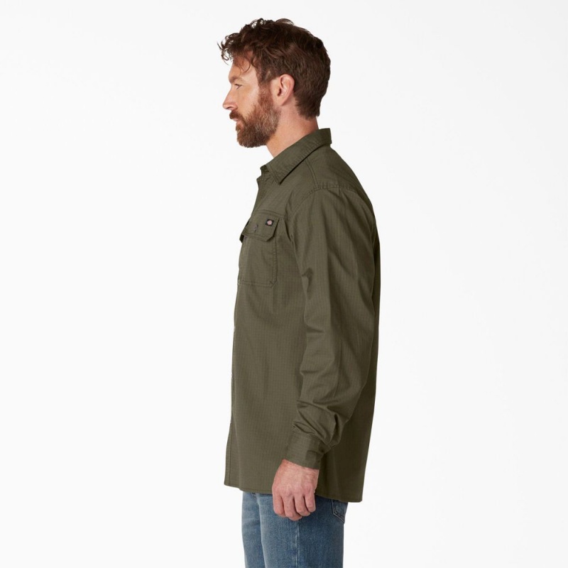 Men's Dickies FLEX Ripstop Long Sleeve Shirt Green | 638104SAG