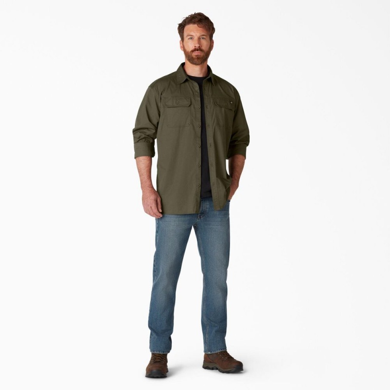 Men's Dickies FLEX Ripstop Long Sleeve Shirt Green | 638104SAG