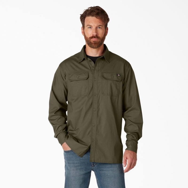 Men\'s Dickies FLEX Ripstop Long Sleeve Shirt Green | 638104SAG