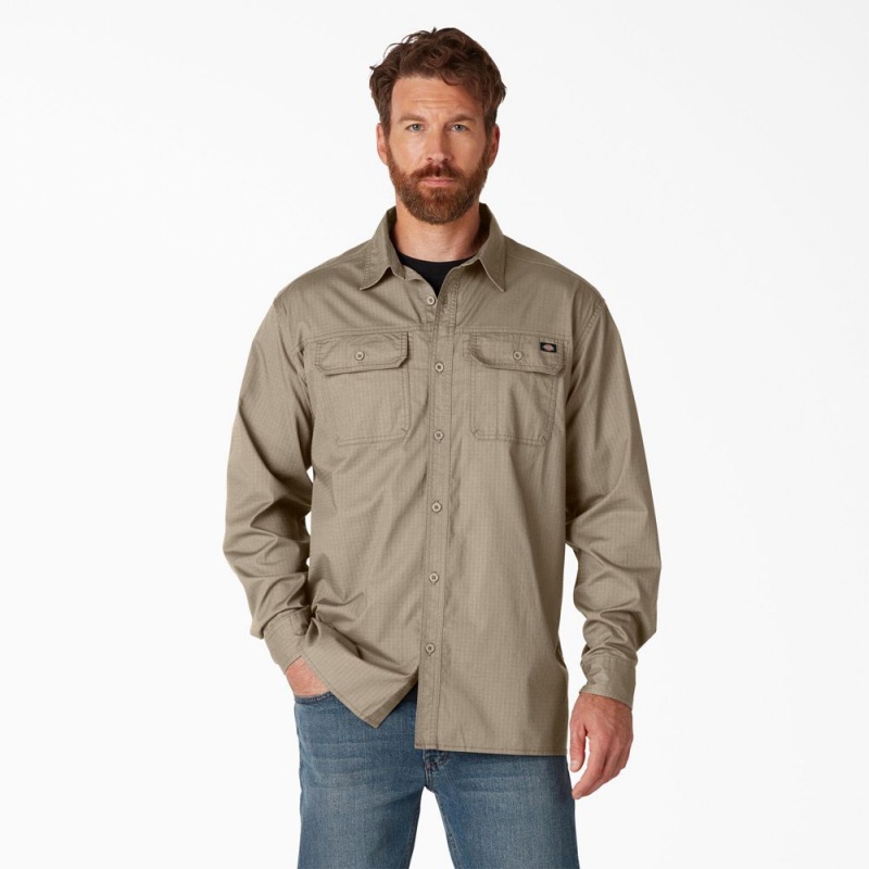 Men\'s Dickies FLEX Ripstop Long Sleeve Shirt Brown | 387421CJT