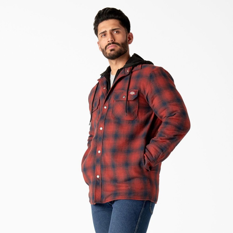 Men's Dickies Flannel Hooded Shirt Jacket Red | 768042MHY