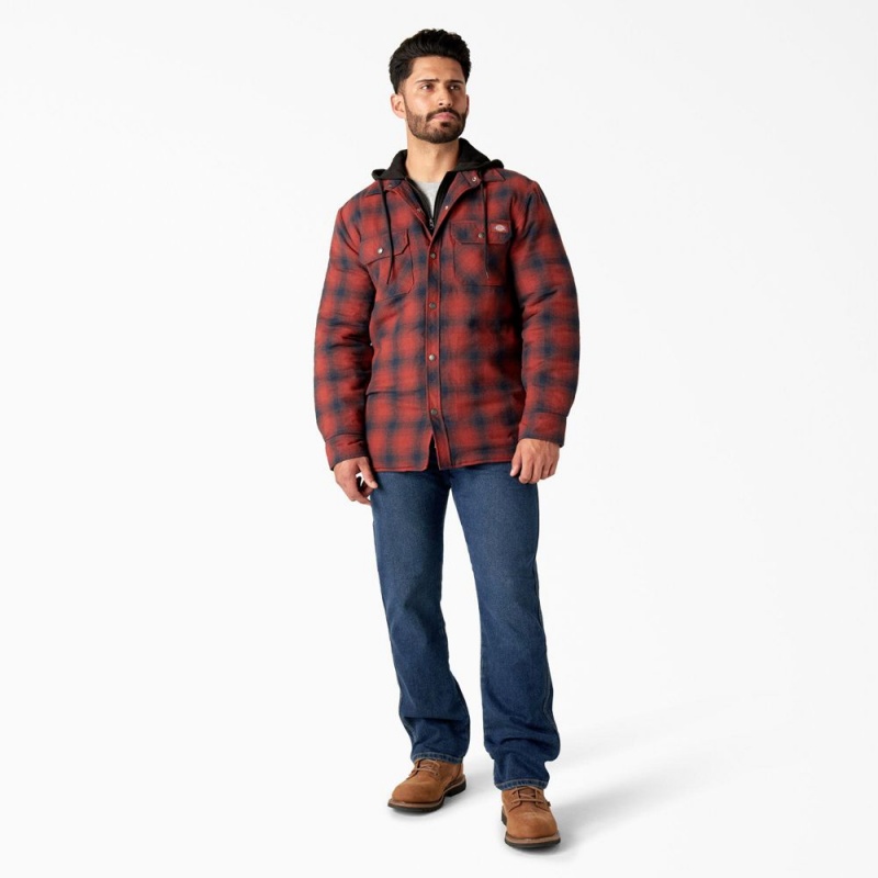 Men's Dickies Flannel Hooded Shirt Jacket Red | 768042MHY