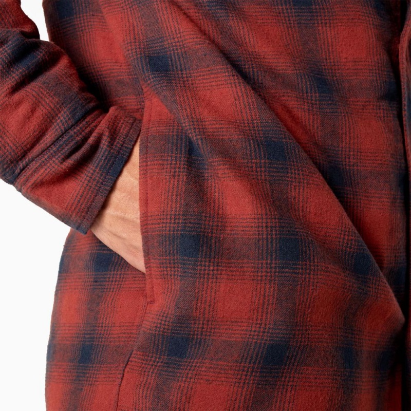 Men's Dickies Flannel Hooded Shirt Jacket Red | 768042MHY