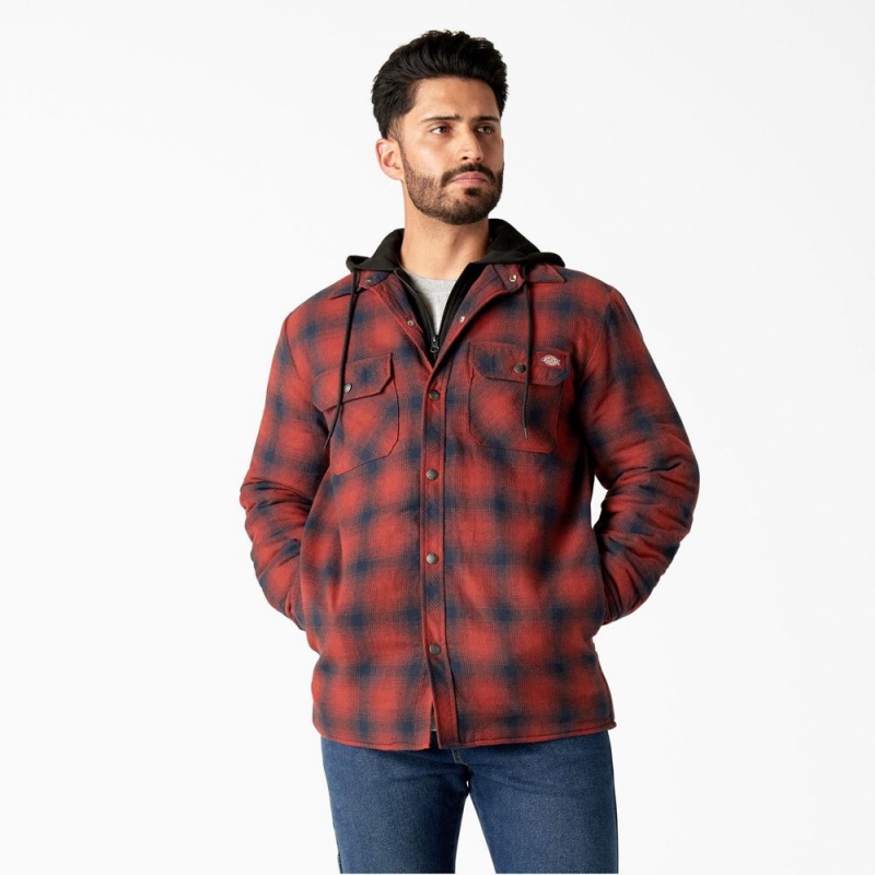 Men\'s Dickies Flannel Hooded Shirt Jacket Red | 768042MHY