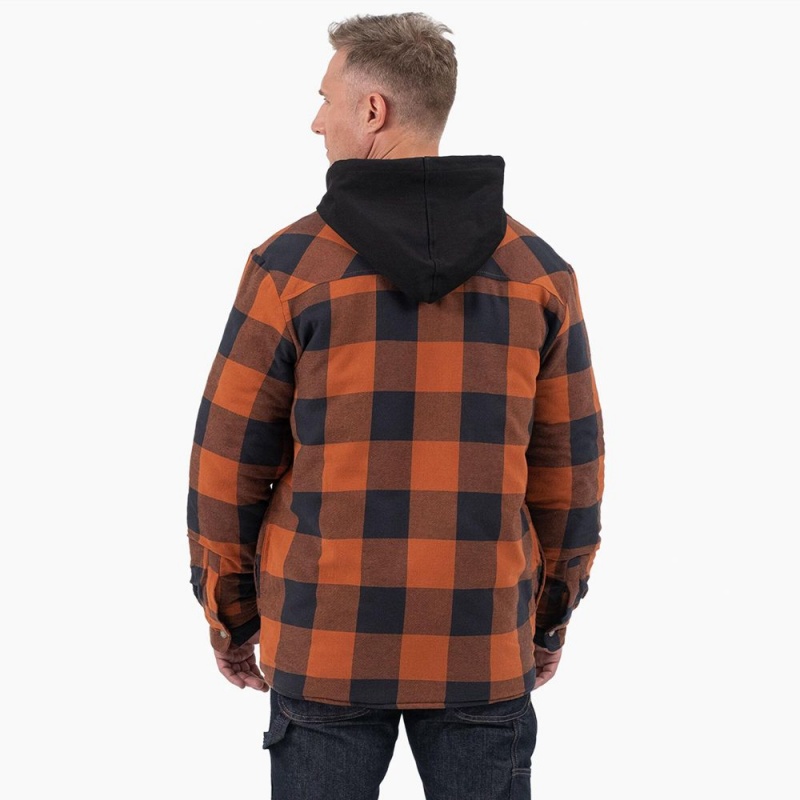 Men's Dickies Flannel Hooded Shirt Jacket Orange | 028534CYI