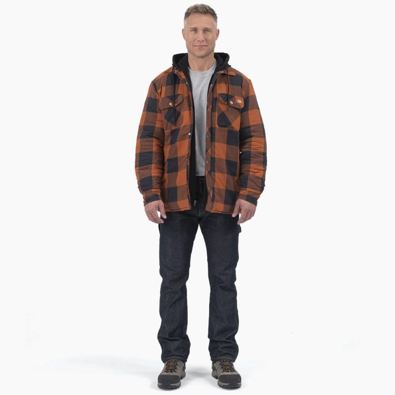 Men's Dickies Flannel Hooded Shirt Jacket Orange | 028534CYI