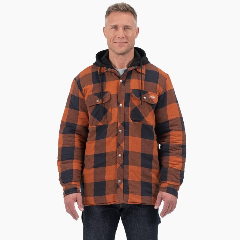 Men\'s Dickies Flannel Hooded Shirt Jacket Orange | 028534CYI