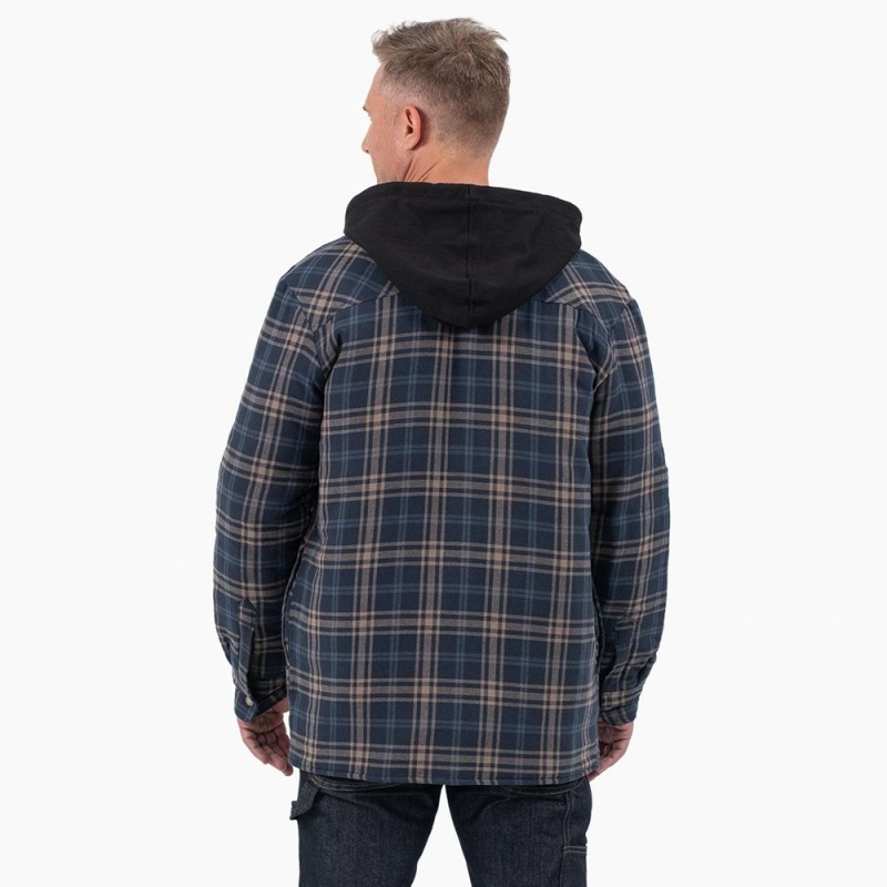 Men's Dickies Flannel Hooded Shirt Jacket Navy | 573089FXJ