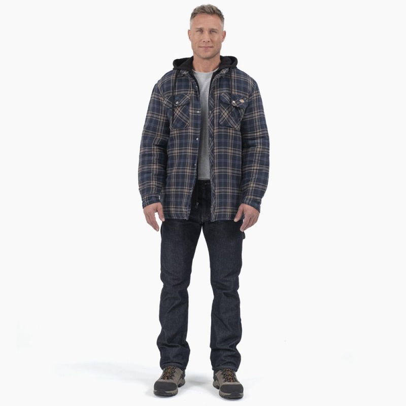 Men's Dickies Flannel Hooded Shirt Jacket Navy | 573089FXJ