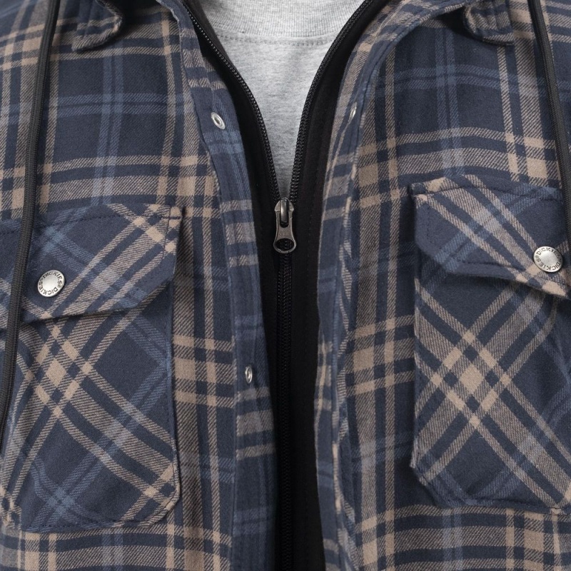 Men's Dickies Flannel Hooded Shirt Jacket Navy | 573089FXJ