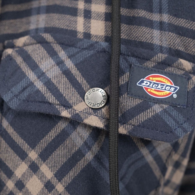 Men's Dickies Flannel Hooded Shirt Jacket Navy | 573089FXJ