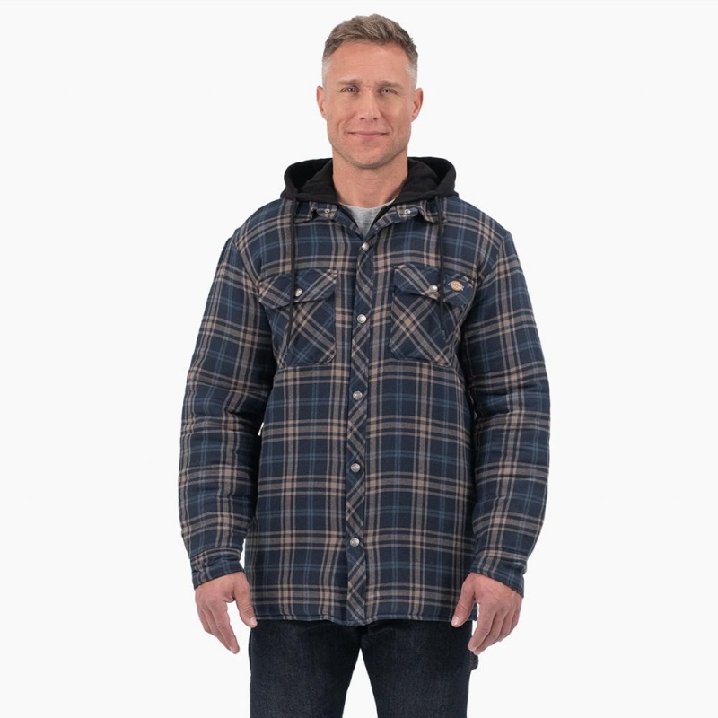 Men\'s Dickies Flannel Hooded Shirt Jacket Navy | 573089FXJ